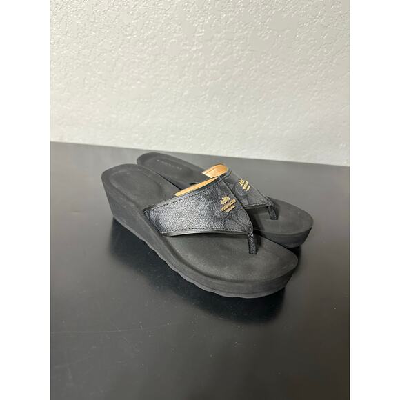 Coach Janice Women 7.5B Black Signature Slip-On Wedge Sandals Preppy Resort Trip - Picture 3 of 10